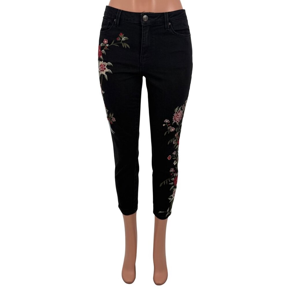 VTG Nanette Lepore Black Floral Embroidered Cropped Jeans | Mob Wife Coquette 8 - Picture 2 of 16